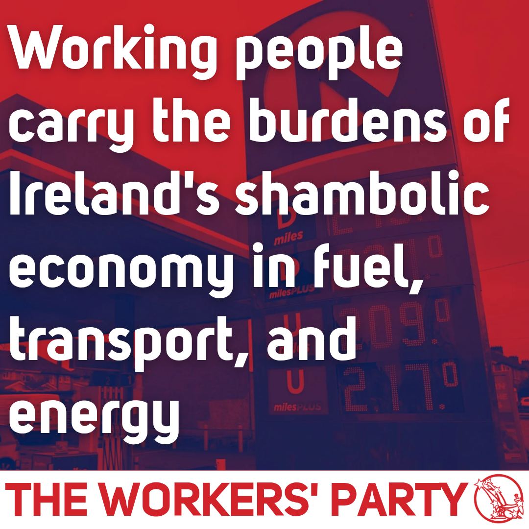 Workers Party economic statement graphic over fuel-price displays